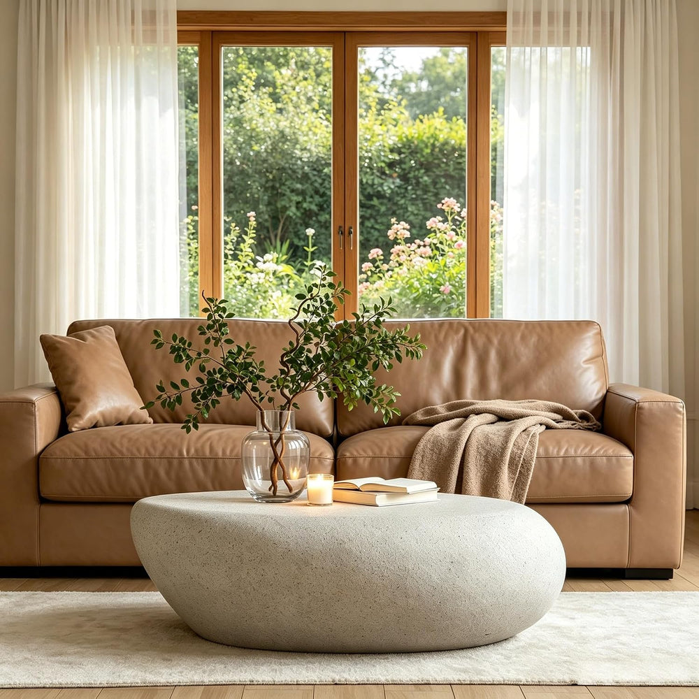 43.31" Oval Coffee Table, Modern Faux Stone Circle Center Tables Accent ...