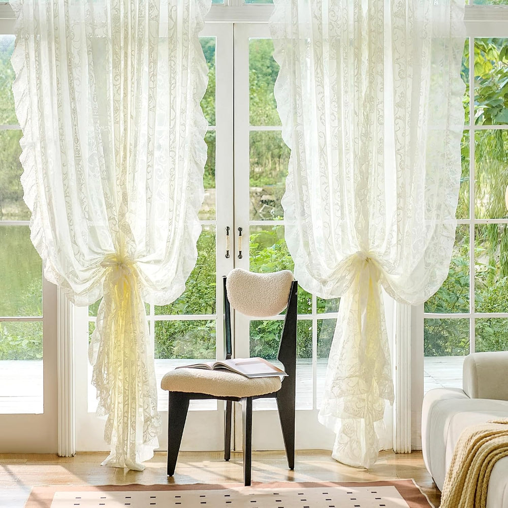 TUDECO Ruffle Curtains 2 Panels - Vintage Tulle Floral Lace Cream Sheer Curta...
