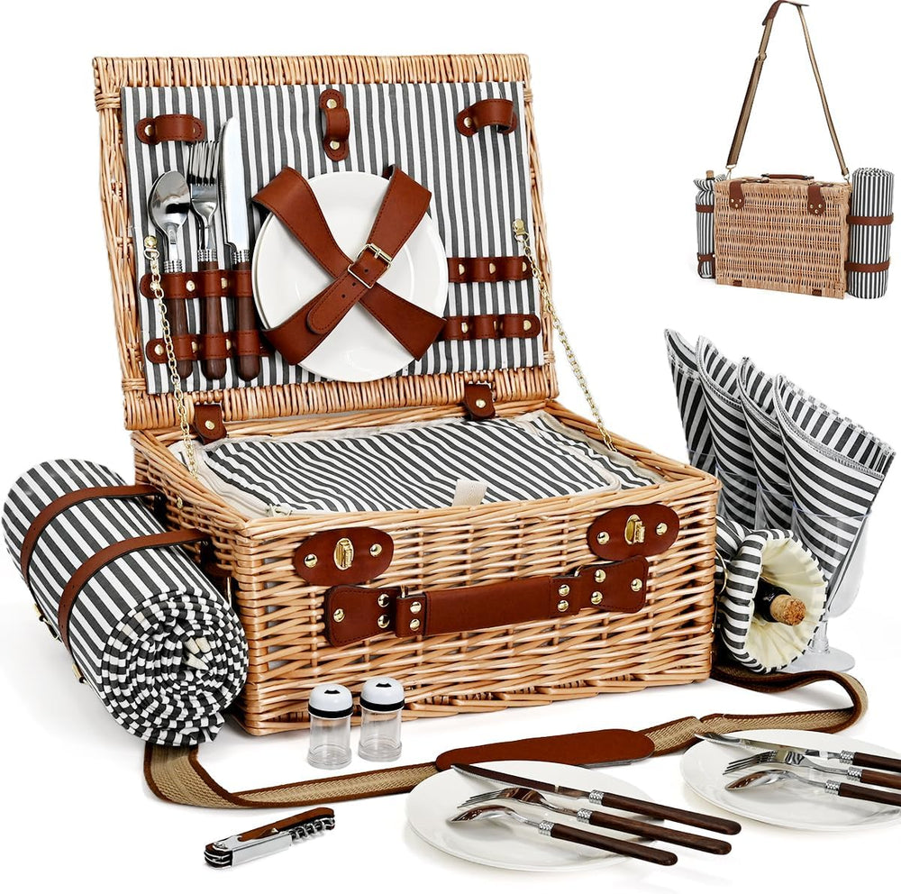 Picnic Basket with Blanket and Wine Pouch for 4, Wicker Picnic Set with Insul...