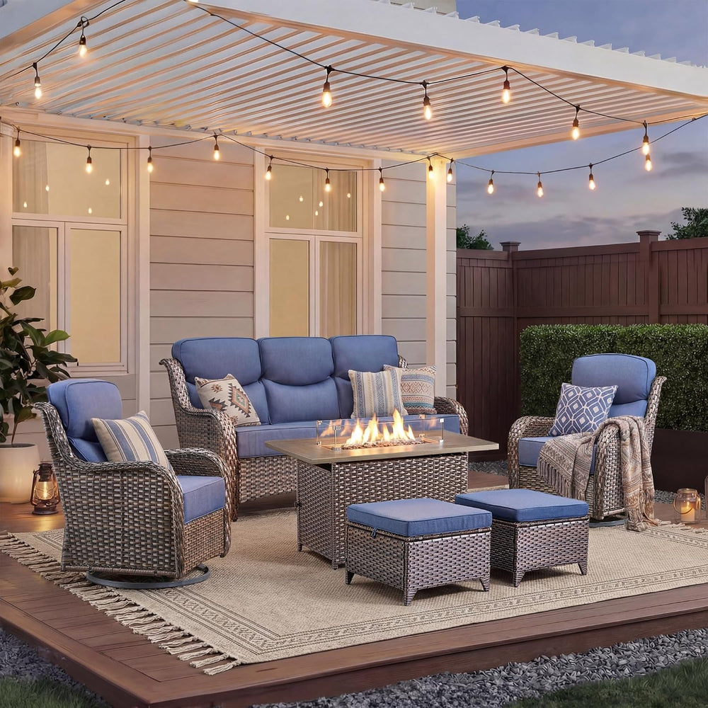 Luxury Patio Furniture Set with Fire Pit Table-6 Pieces All Weather Outdoor S...