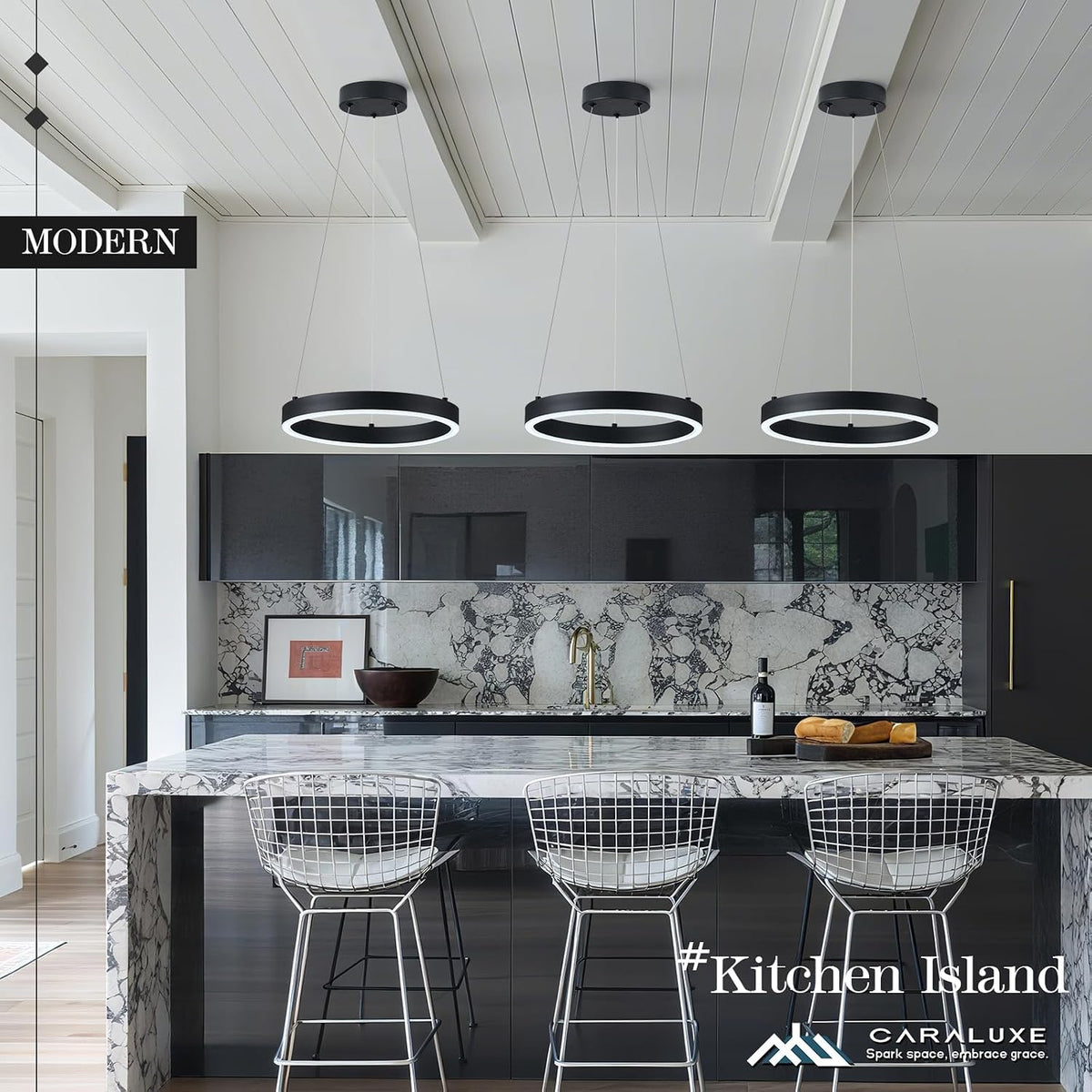 12in led ring chandelier black modern dimmable pendant shown in use