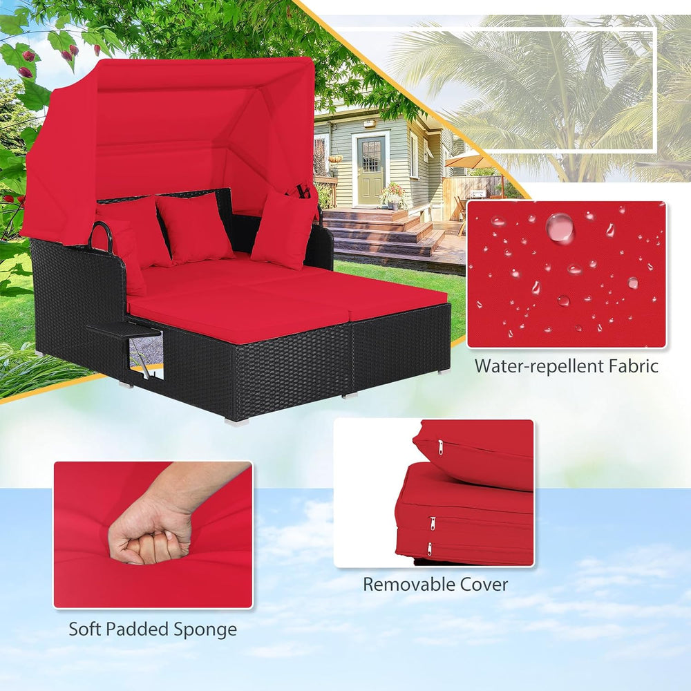 DREAMADE Outdoor Daybed with Canopy, 2 Person Rattan Patio Sunbed, Red