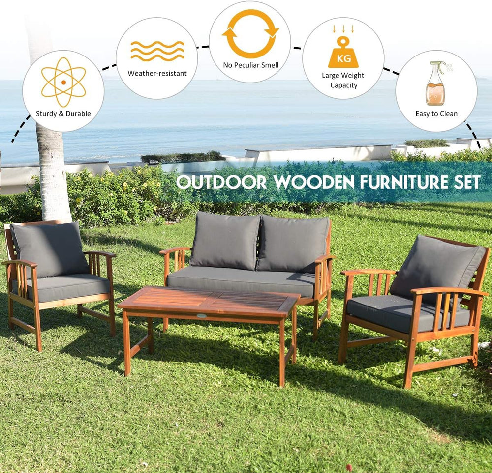 Tangkula 4 Pieces Acacia Wood Patio Furniture Set, Outdoor Seating Chat Set w...