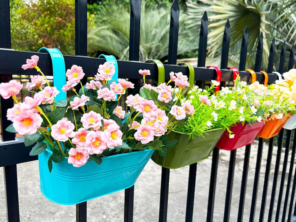 8 Pack 12" Colorful Metal Railing Planters with Hooks for Outdoor Fence