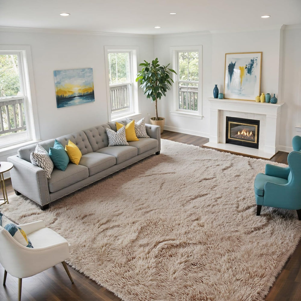 Beige 8x10 Area Rugs for Living Room, Fluffy Shag Rug Large Bedroom Carpet