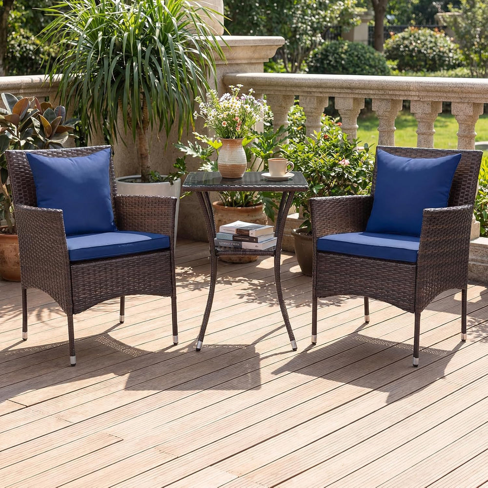 Tangkula 3 Pieces Patio Wicker Bistro Set, 2 Rattan Chairs w/ 2-Tier Tempered...