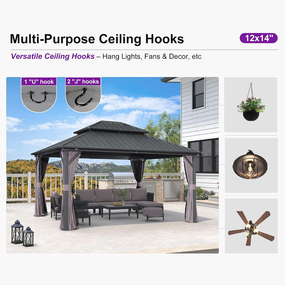 PURPLE LEAF Patio Aluminum Hardtop Gazebo 12' x 14' Privacy Curtain, ...