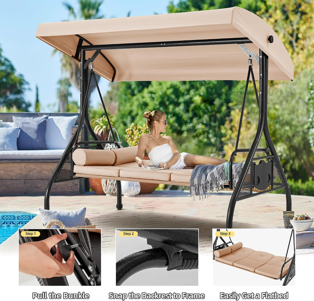 HOMREST 3 Seat Porch Swing with Adjustable Canopy, Patio Swing with Stand