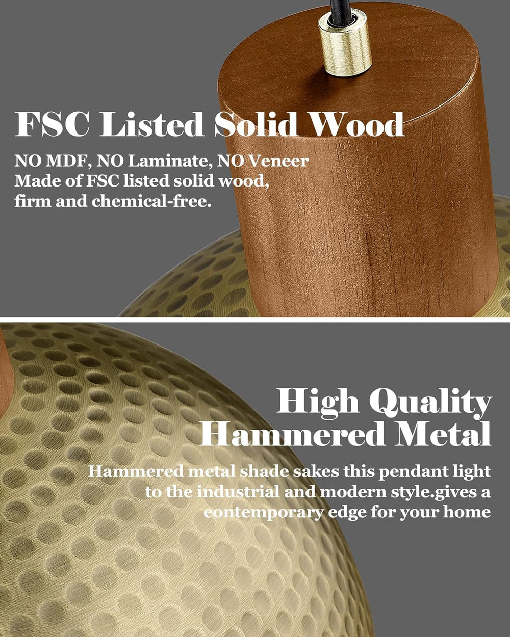 ELYONA 2 Pack Hammered Pendant Lights 12” Vintage Metal & Wood Dome Hangi...
