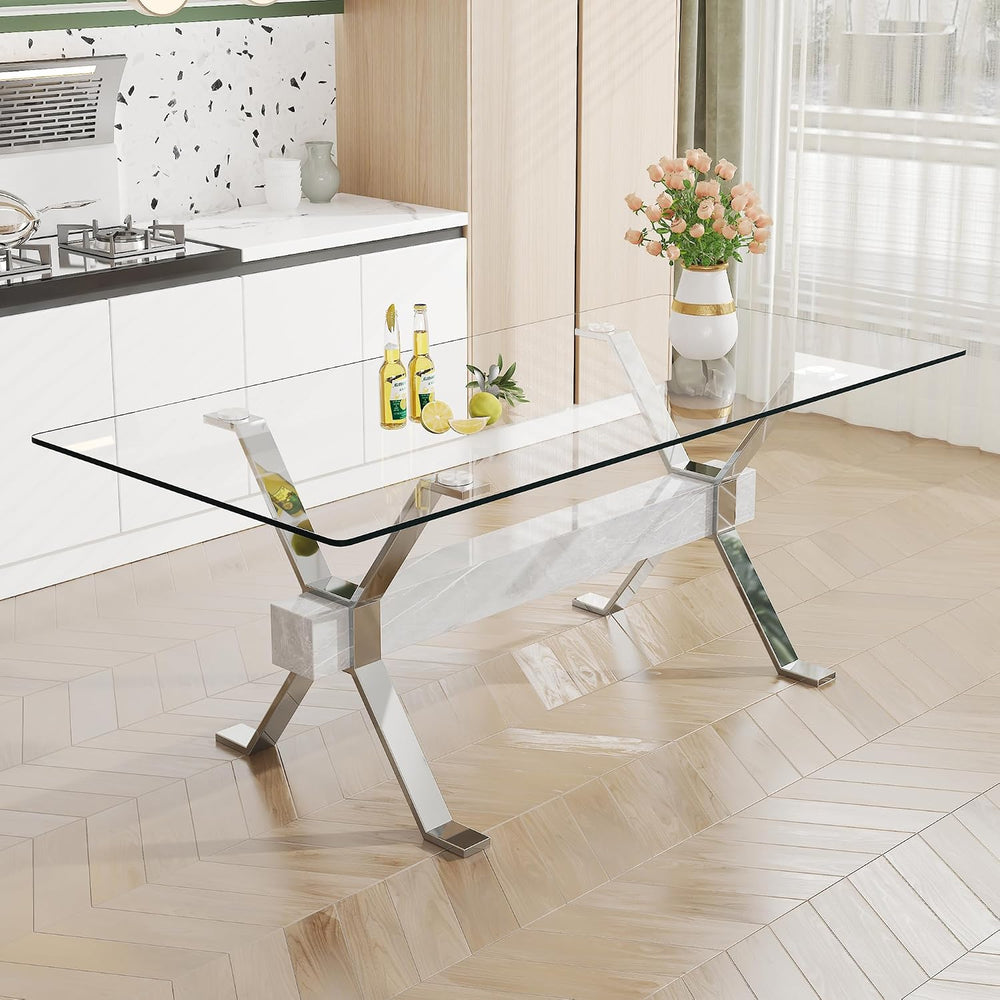 79'' Glass Dining Table, Modern Kitchen Table, Clear Dining Room Tabl...