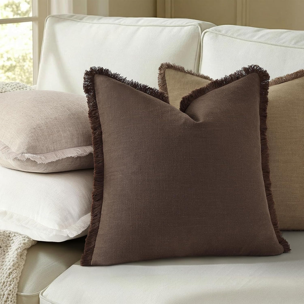 decorUhome Linen Fringe Chocolate Throw Pillow Covers 26x26 Set of 2