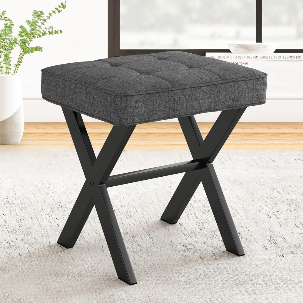 LUE BONA Vanity Stool, Square Linen Makeup Stool with Metal X Legs, Small Ott...