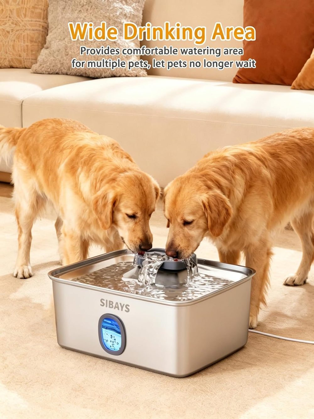 SIBAYS 4Gal/15L Large Dog Water Fountain, Stainless Steel Pet Fountain with W...