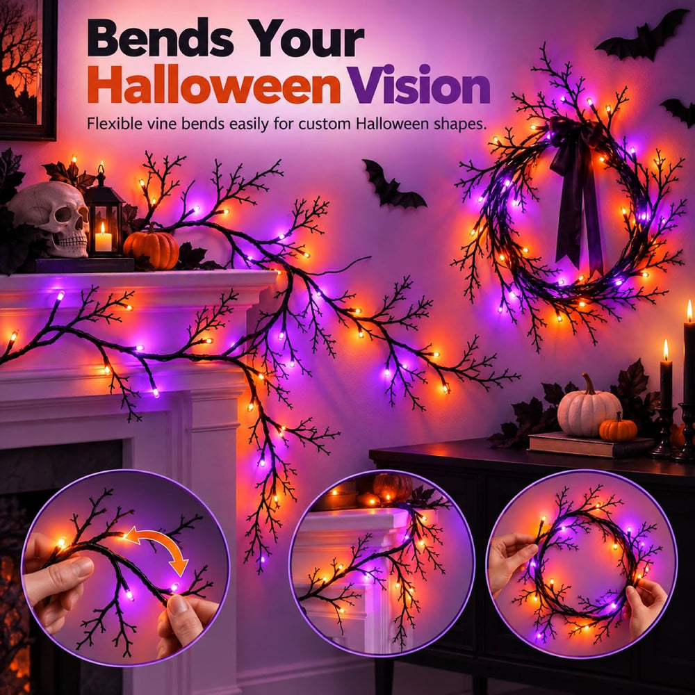 Halloween Garland with Orange & Purple Lights, 9 FT Bendable Black Branch