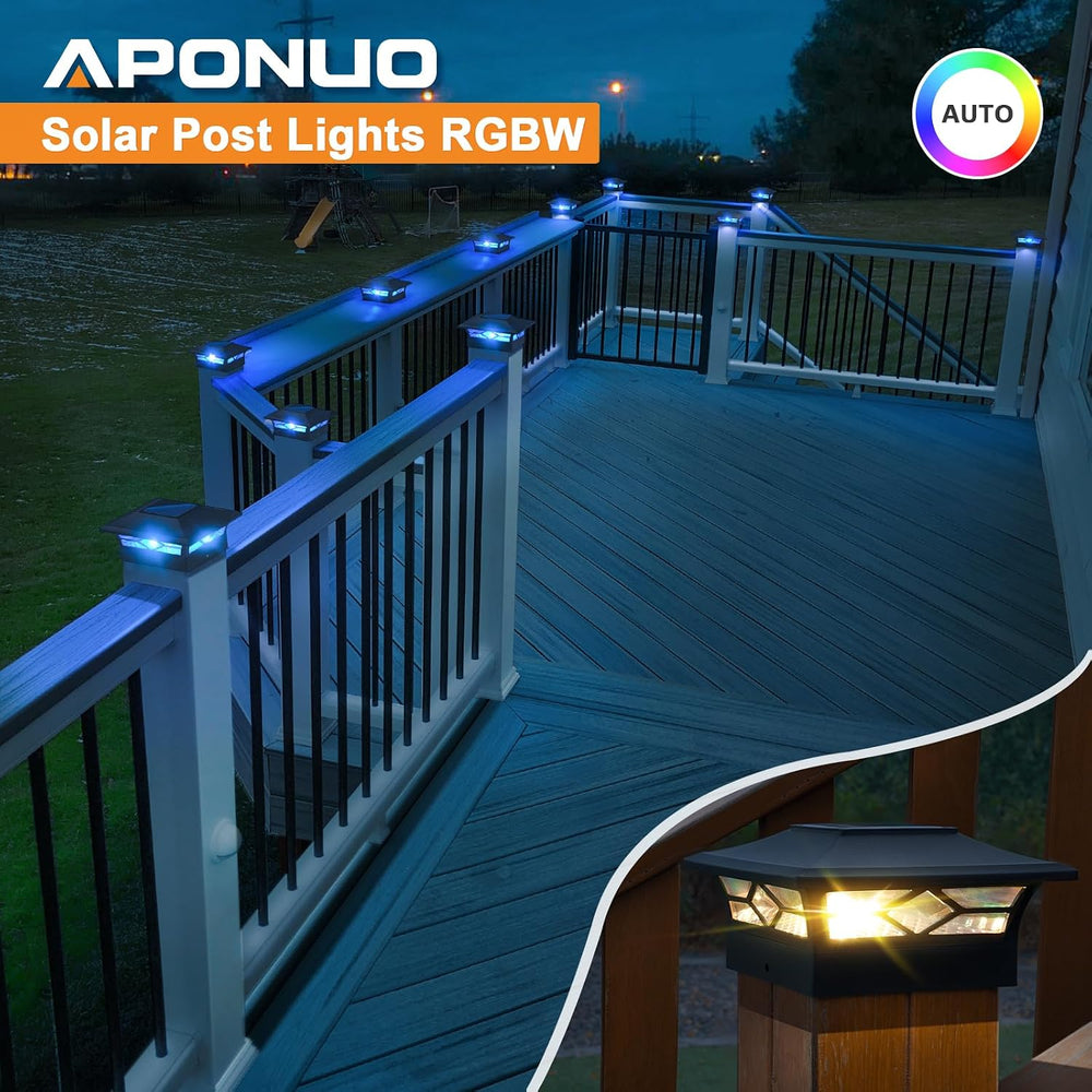 APONUO Solar Post Cap Lights with 8 RGB Colors and Multicolor Flow, Ultra-Bri...