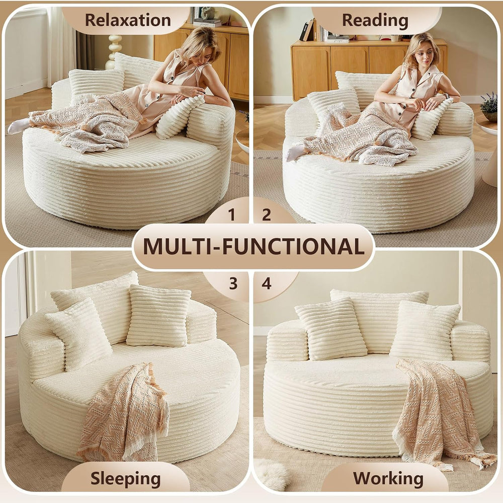 Oversized Round Chair Lounge Chaise Indoor, Upholstered Corduroy Deep Seat Cl...