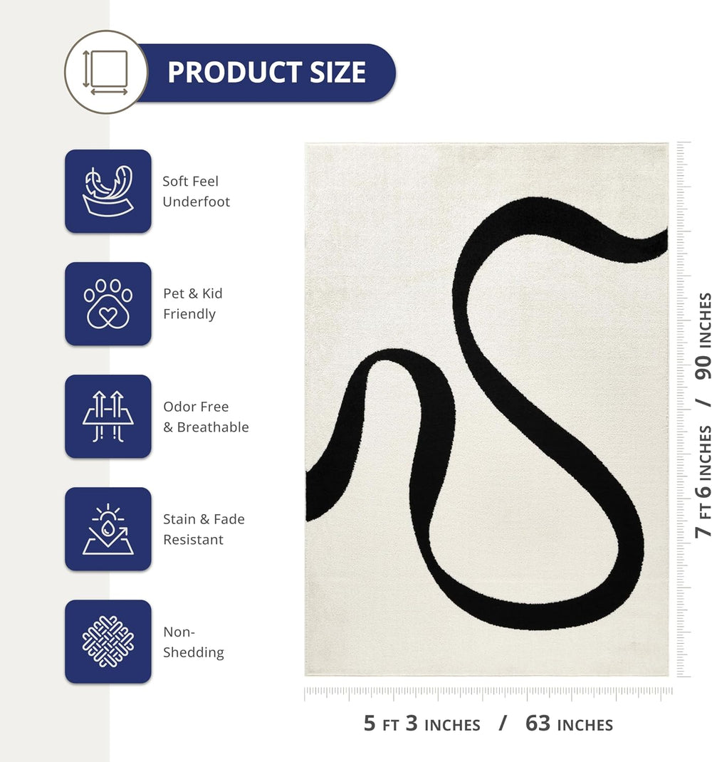 Abani Black and Cream Area Rug | 5' x 8' White Abstract Swirl Wave Ca...