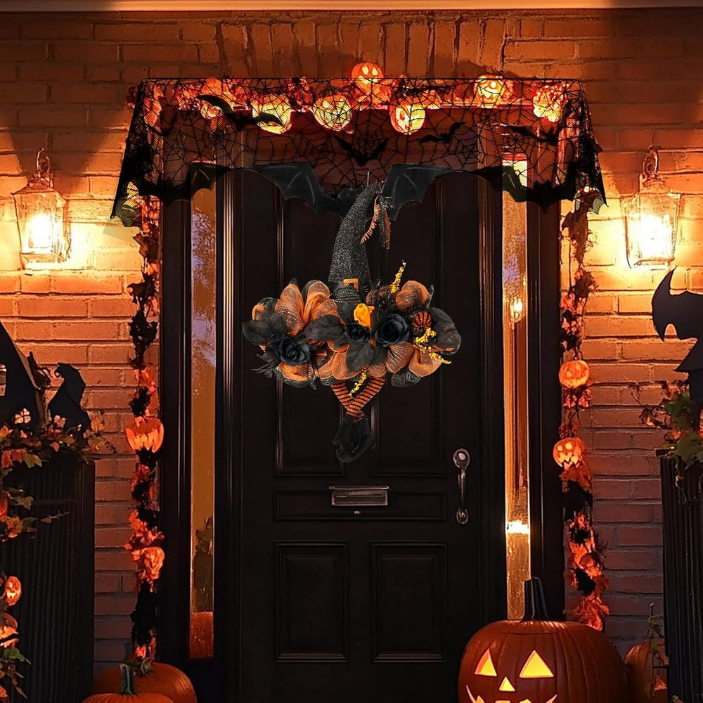 Halloween Wreath for Front Door, Witch Hat & Spiderweb Mantel Scarf Set
