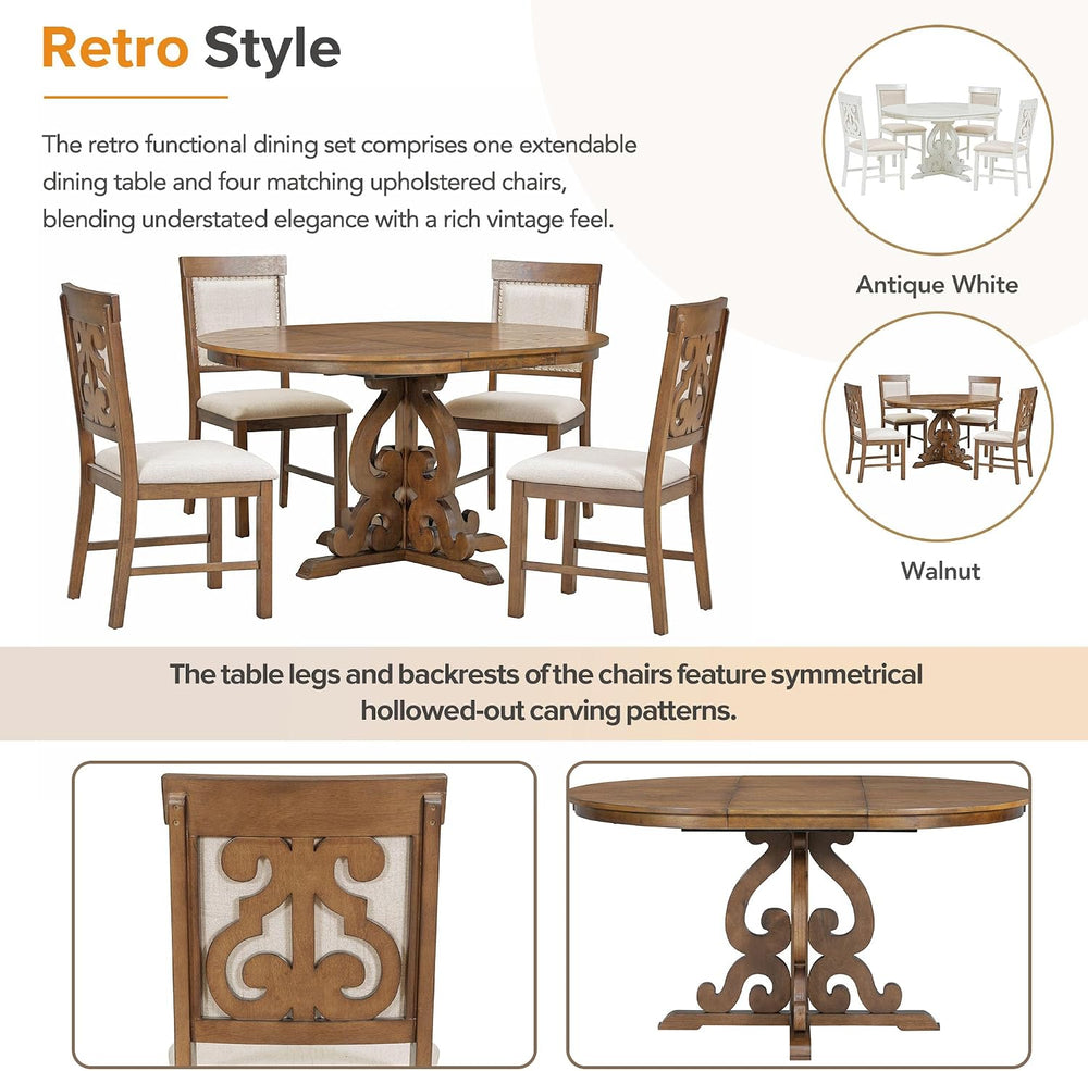 Merax Dining Table Set for 4, Extendable Round Tabletop, Upholstered Chairs