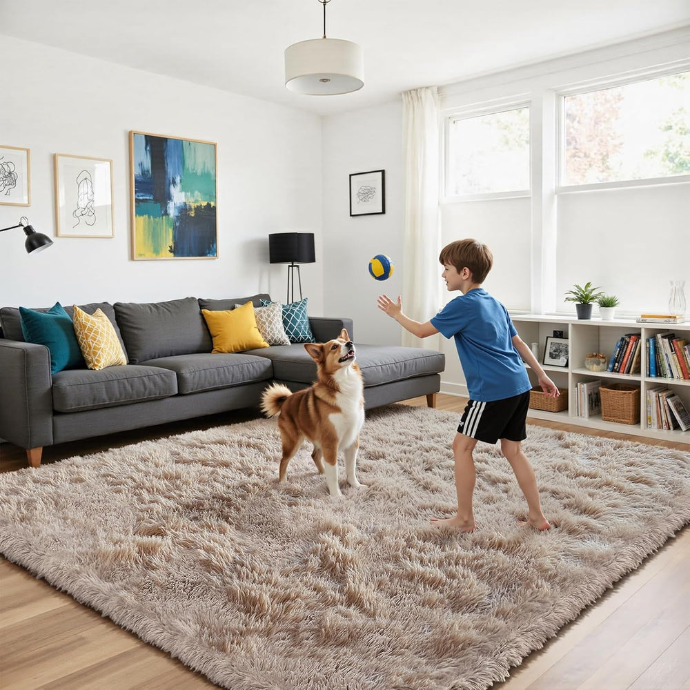 Beige 8x10 Area Rugs for Living Room, Fluffy Shag Rug Large Bedroom Carpet