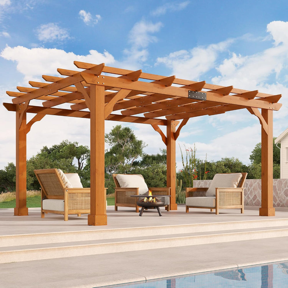 Jocisland 10x12 FT Premium Cedar Wood Pergola with Trellis Roof & Stakes