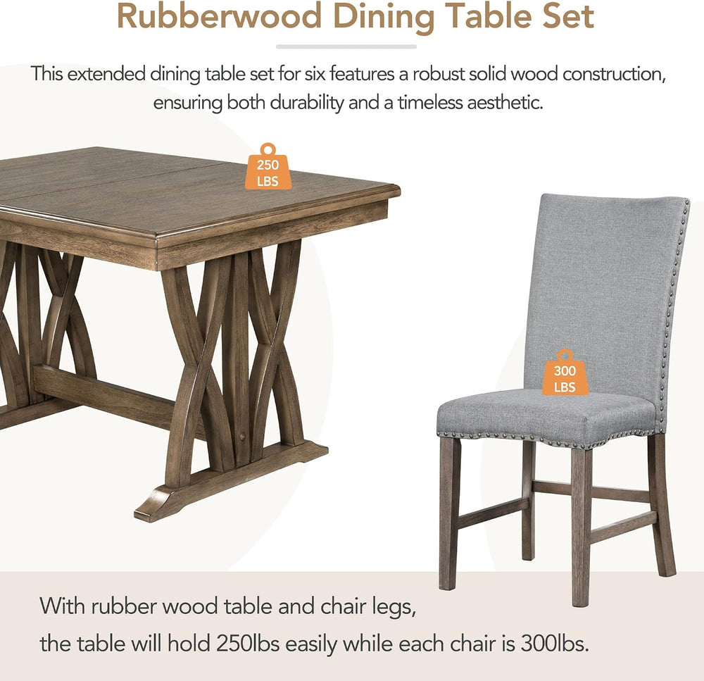 Mid-Century Extendable Dining Table Set for 6, Solid Wood 7-Piece Dining Tabl...