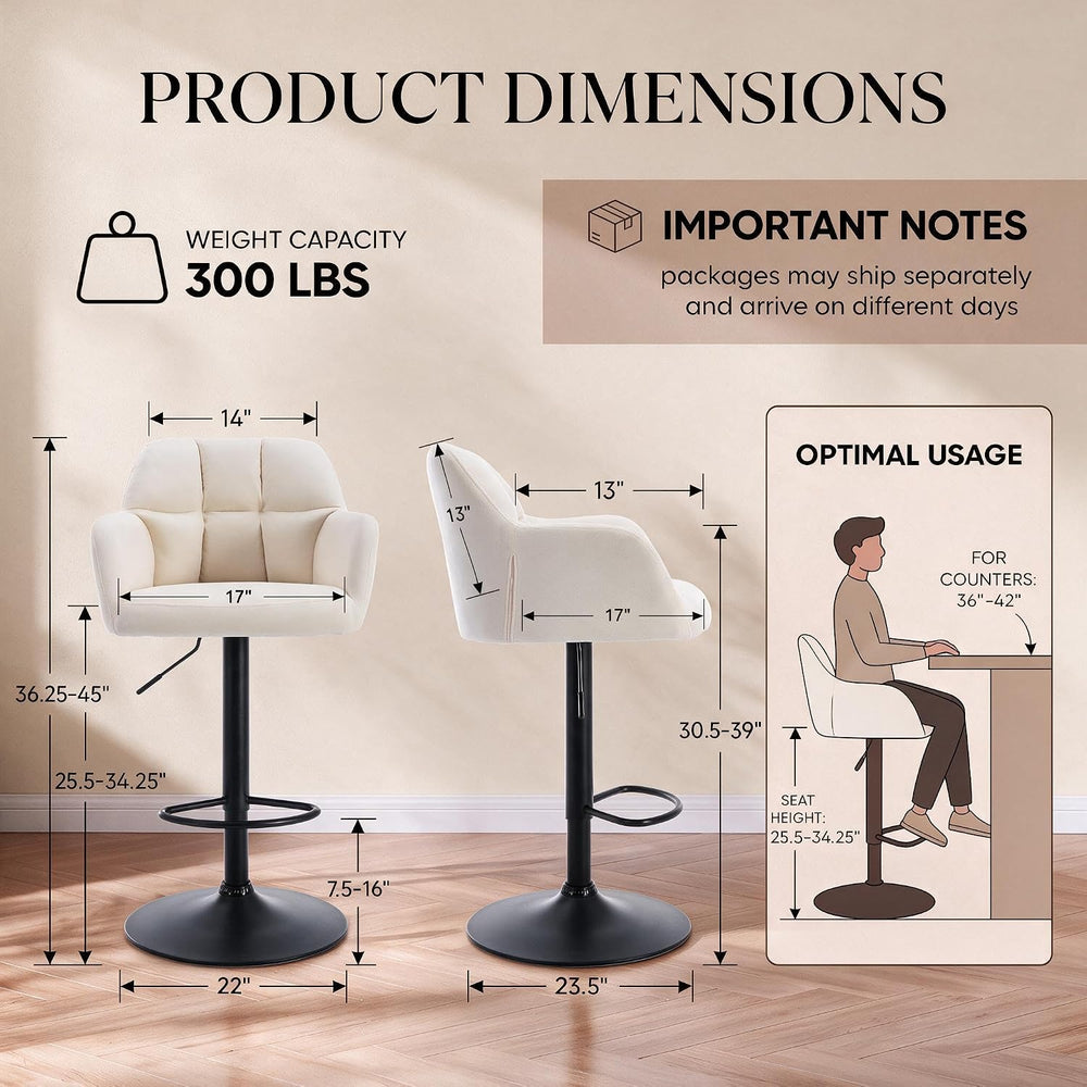 ROCITY Swivel Bar Stools Set of 2, Adjustable Height, Beige Velvet Fabric