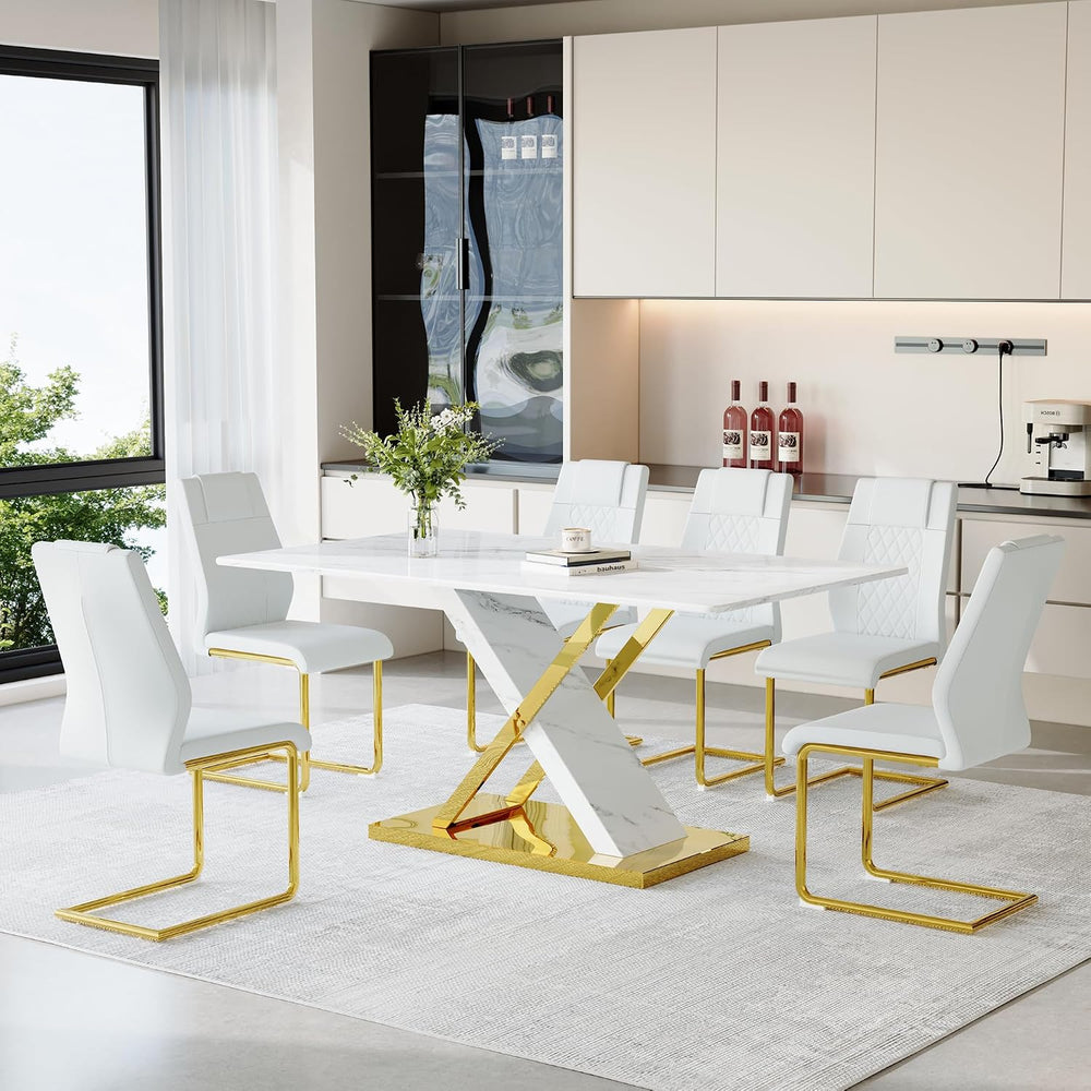 YUNDREAM Modern Marble Dining Table Set for 6,White Gold 63'' Dining ...