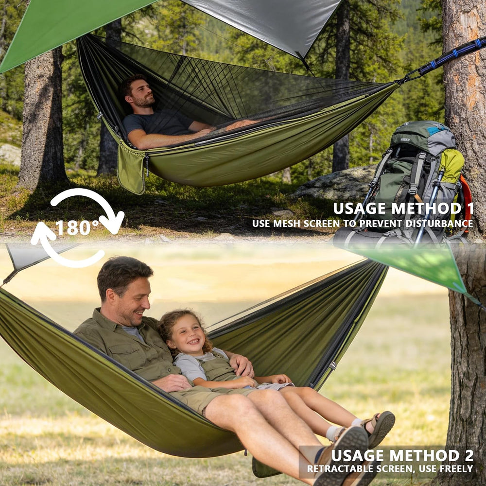 Camping Hammock with Rain Fly Tarp Mosquito Net Heavy Duty Tree Straps Portab...