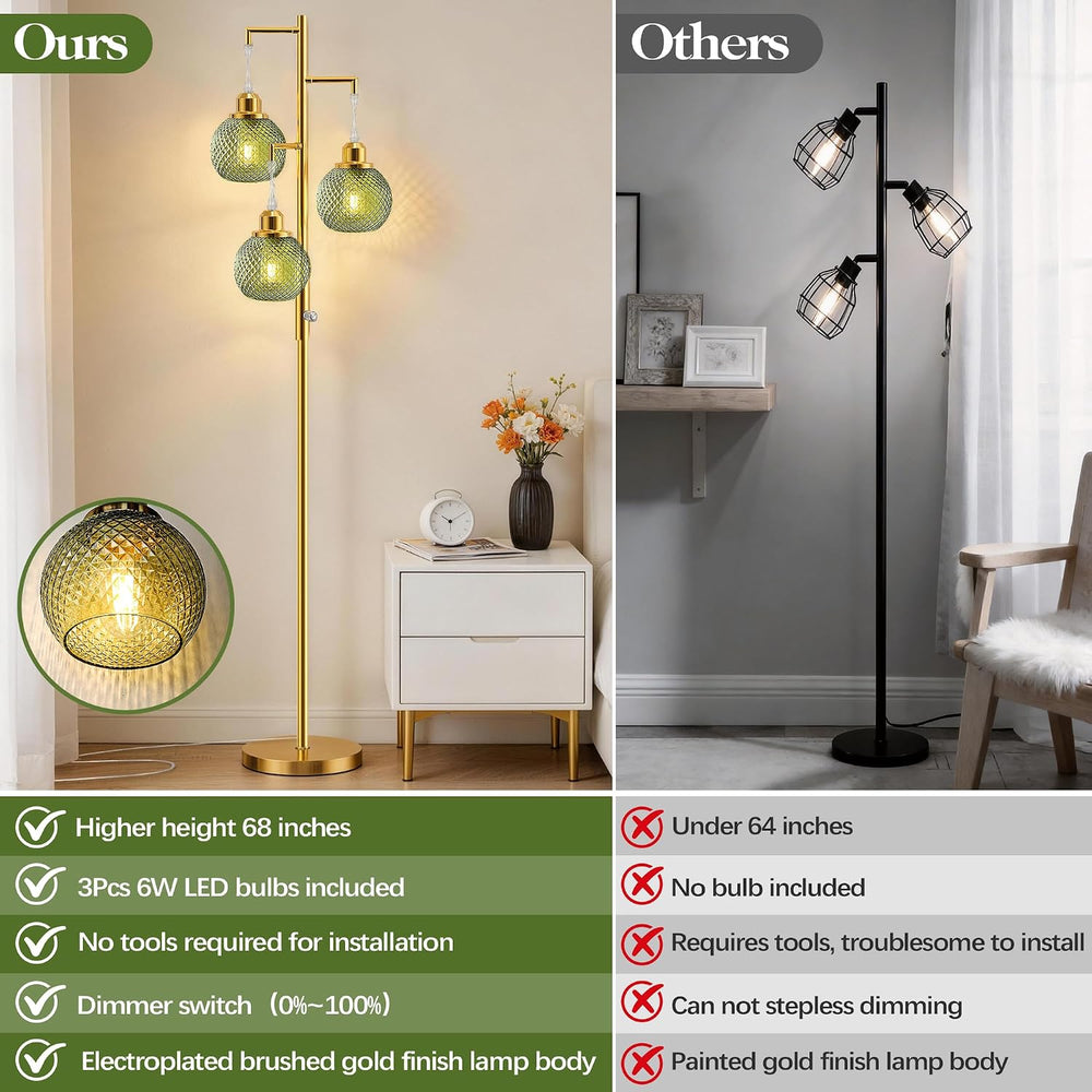 Modern Glass Floor Lamps for Living Room, 3 Lights Standing Lamp, Green