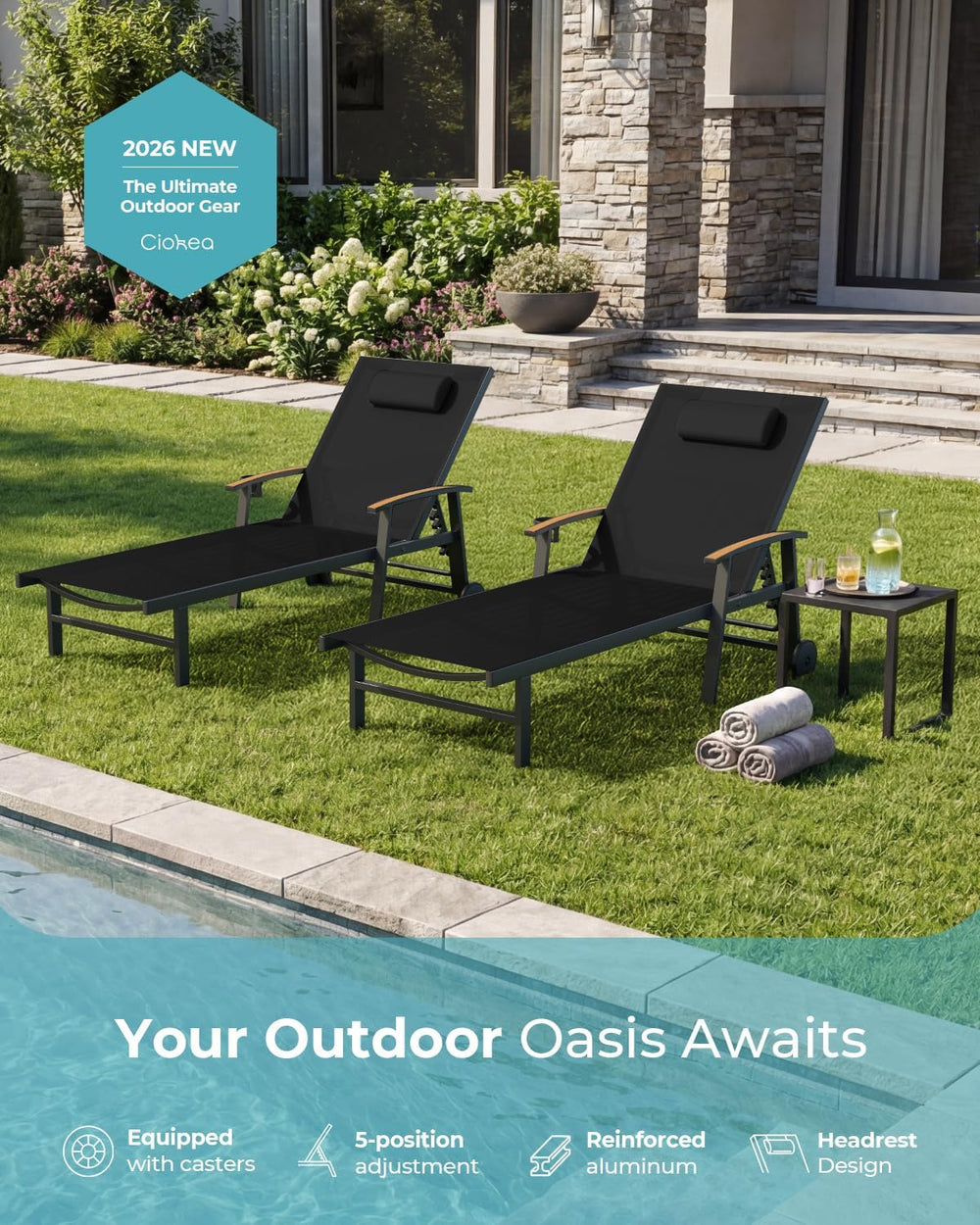 Ciokea Outdoor Lounge Chair with Pillow, 5-Position Aluminum Chaise Lounge wi...