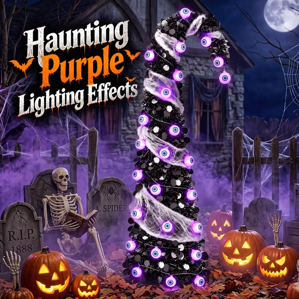 5FT Pop Up Halloween Tree with 35 Purple Eyeball Lights & Spider Web