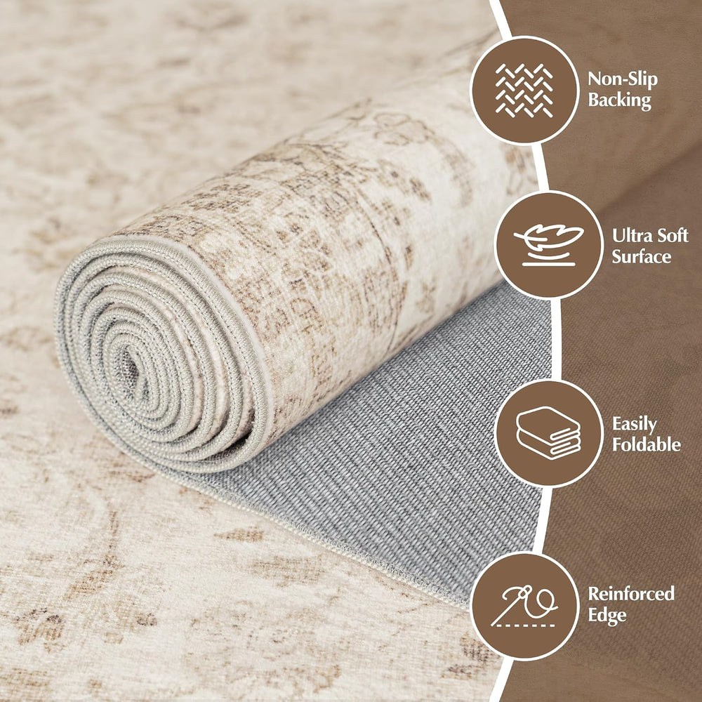 Beauoop 8x10 Washable Beige Neutral Vintage Oriental Area Rug for Bedroom