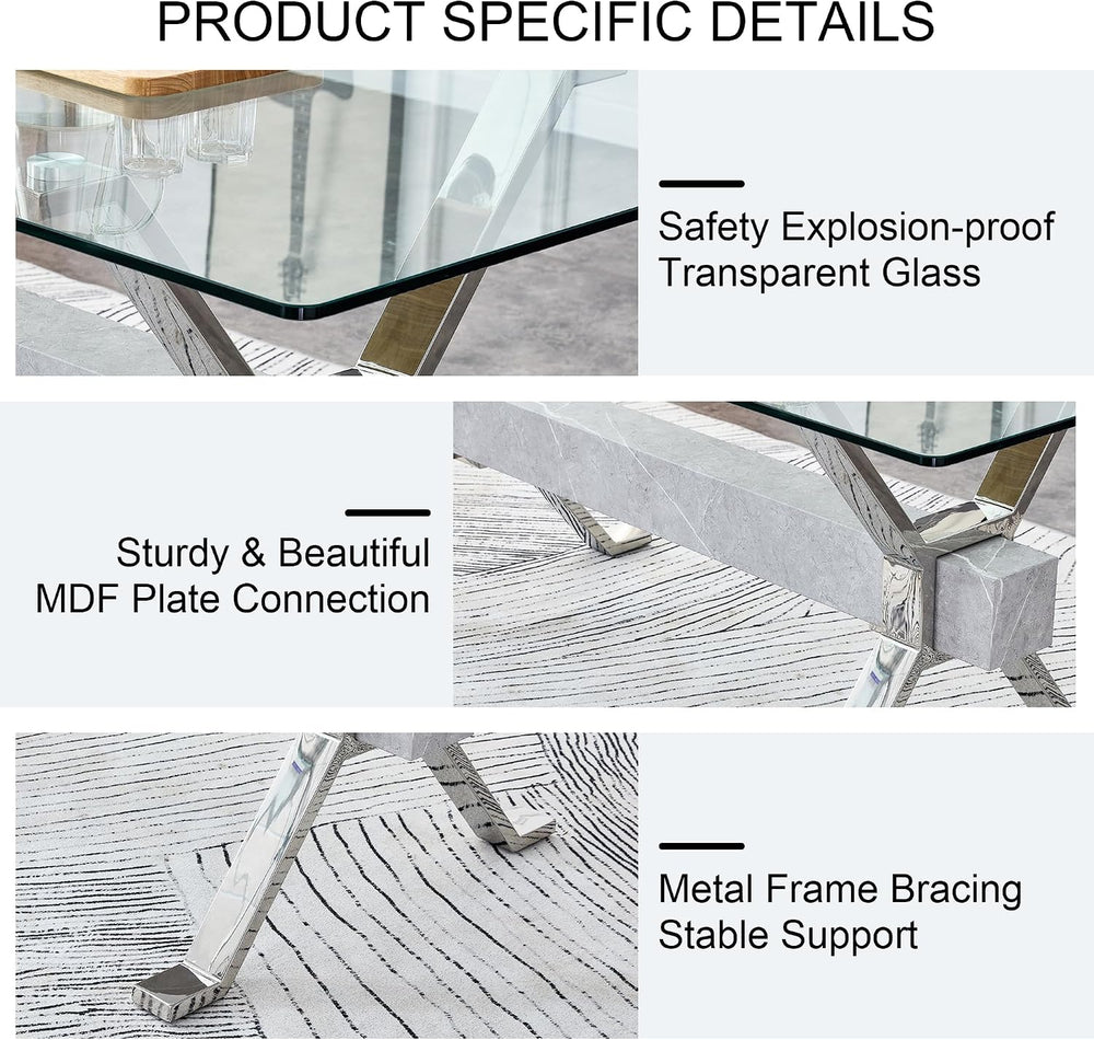 79'' Glass Dining Table, Modern Kitchen Table, Clear Dining Room Tabl...