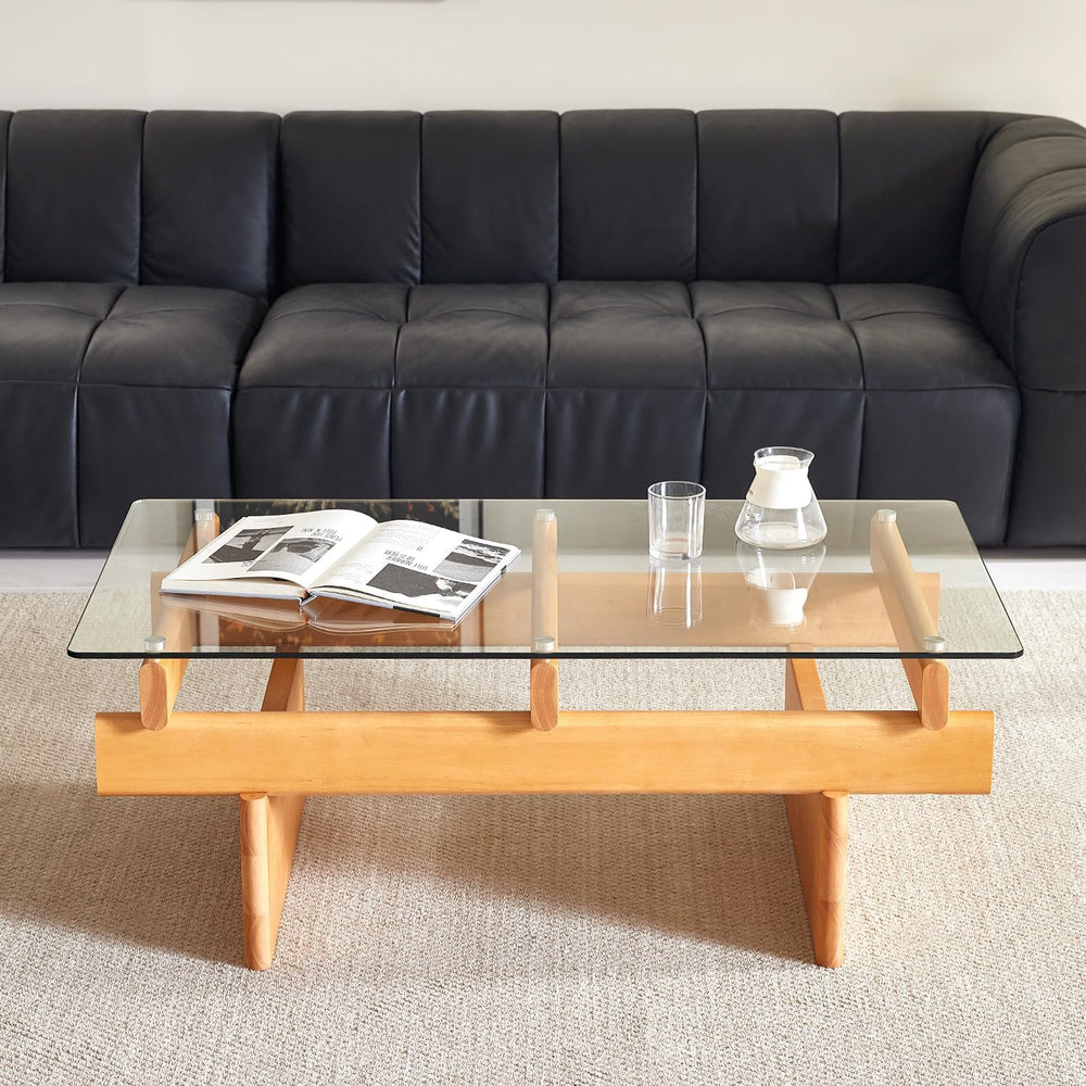 Finekoze Glass Coffee Table for Living Room,100% Solid Wood Coffee Table with...