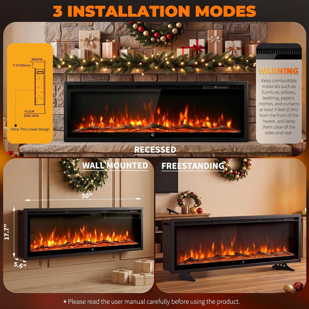 50 Inch Smart Electric Fireplace Insert Recessed and Wall Mounted