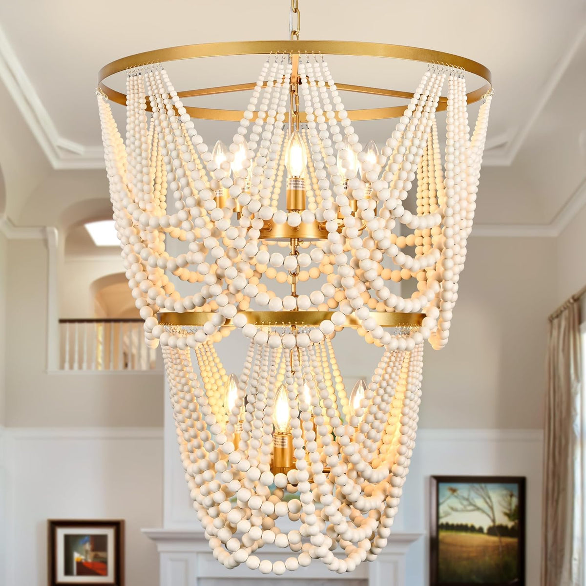 12-light 25.6" boho wood beaded chandelier for living, main product view