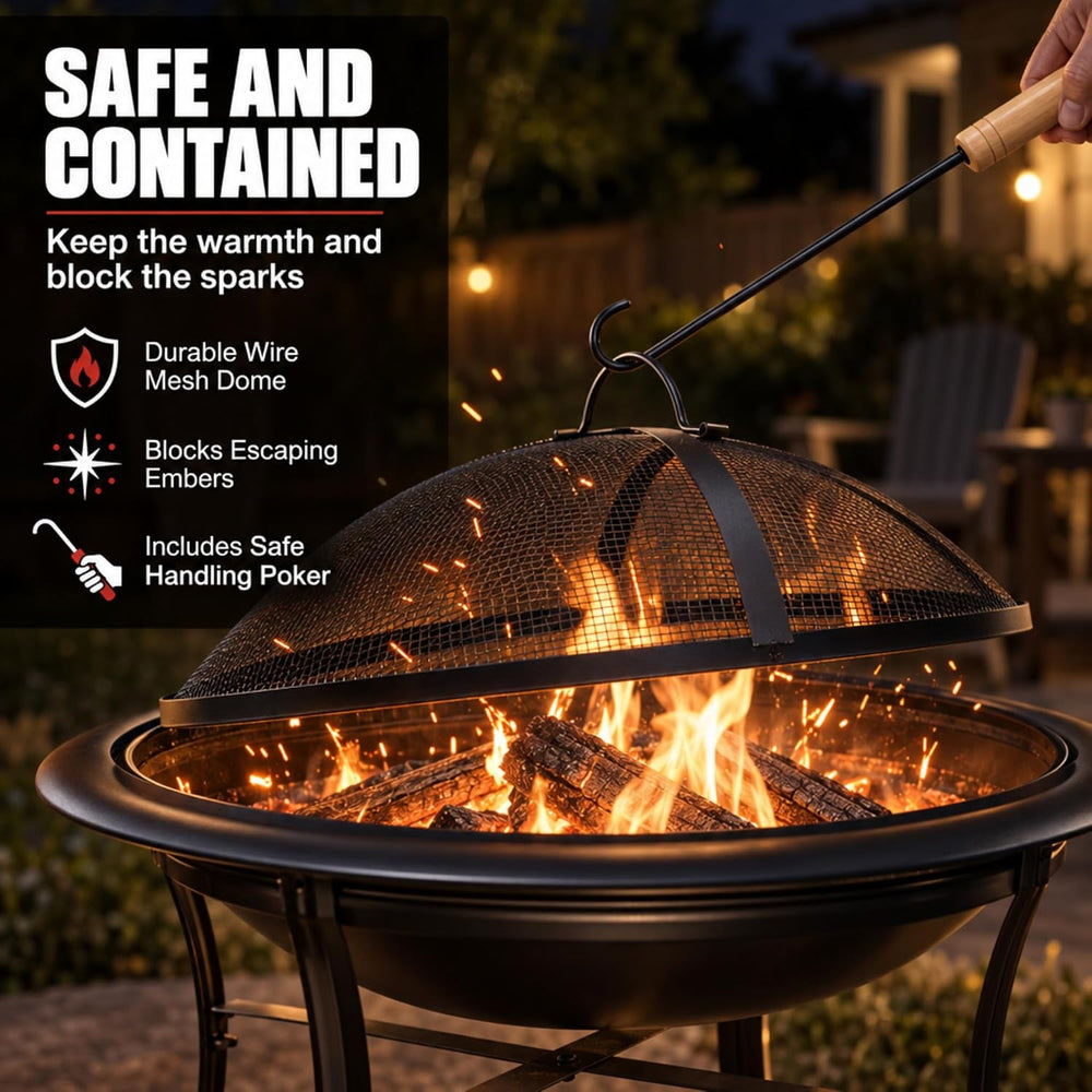 Gas One 22 in Outdoor– Wood Burning Fire Pit with Mesh Lid and Fire Picker – ...