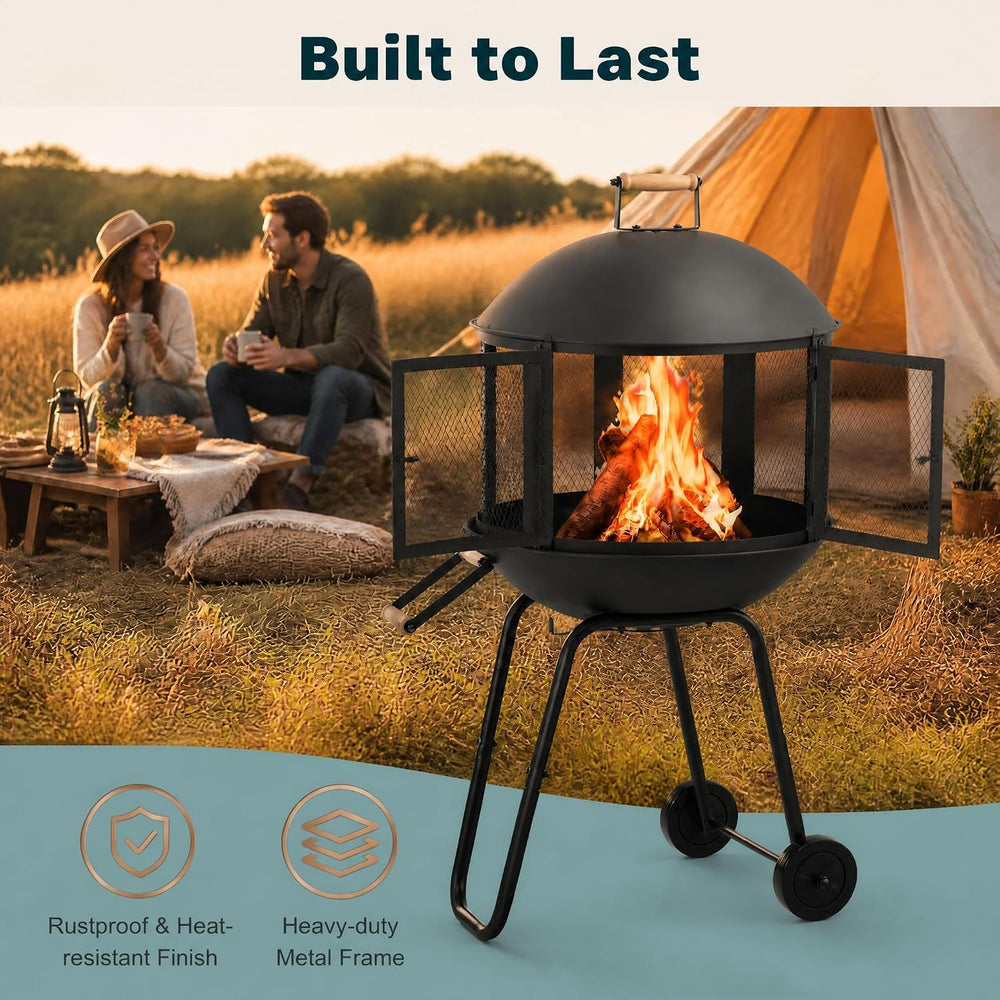 HAPPYGRILL 28” Outdoor Fire Pit with Lockable Doors, Fire Poker & Wheels