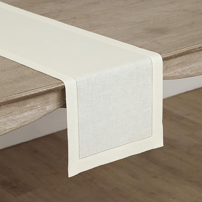 Solino Home Linen Ivory Table Runner 48 Inches - Classic Hemstitch, 100% Pure...
