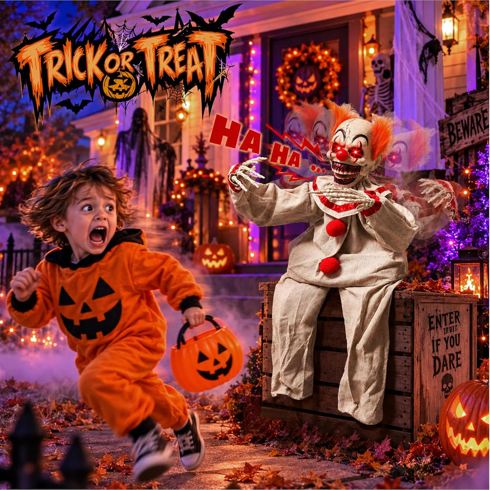 Halloween Sitting Clown Animatronics Decorations Outdoor, Scary Animated Clow...