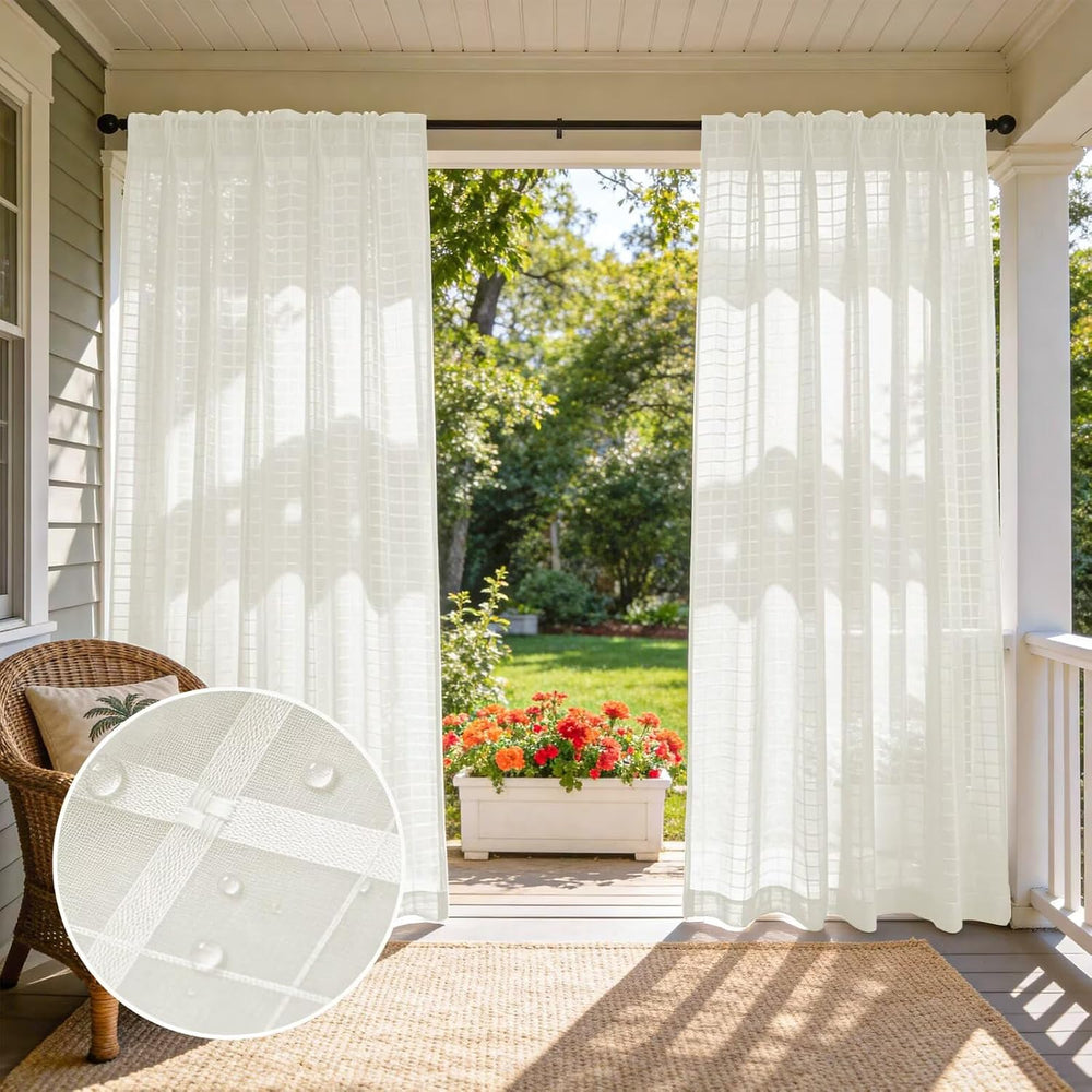 4 Panels Outdoor Sheer Curtains for Patio, Jacquard Check Curtains for Patio ...