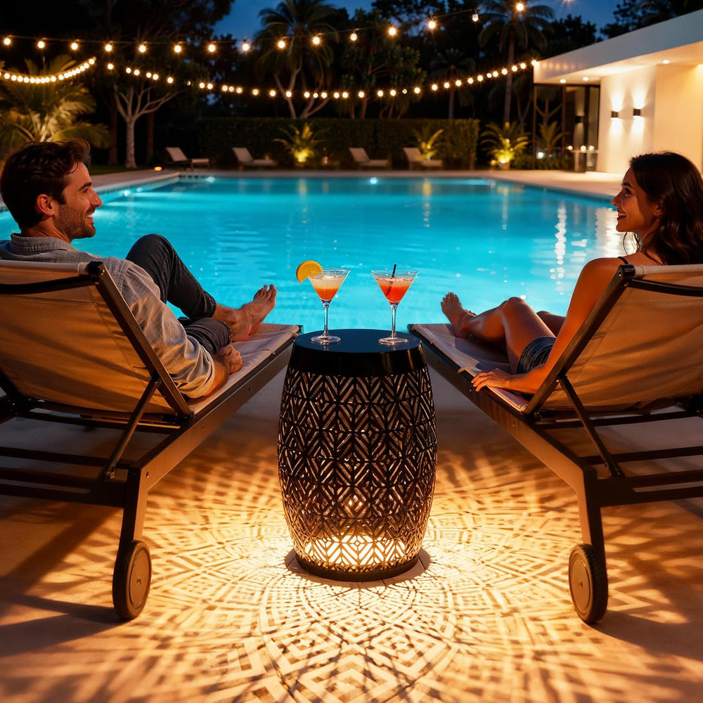 18" Metal LED Outdoor Side Table, 3-Mode Lights, Modern Drum Design