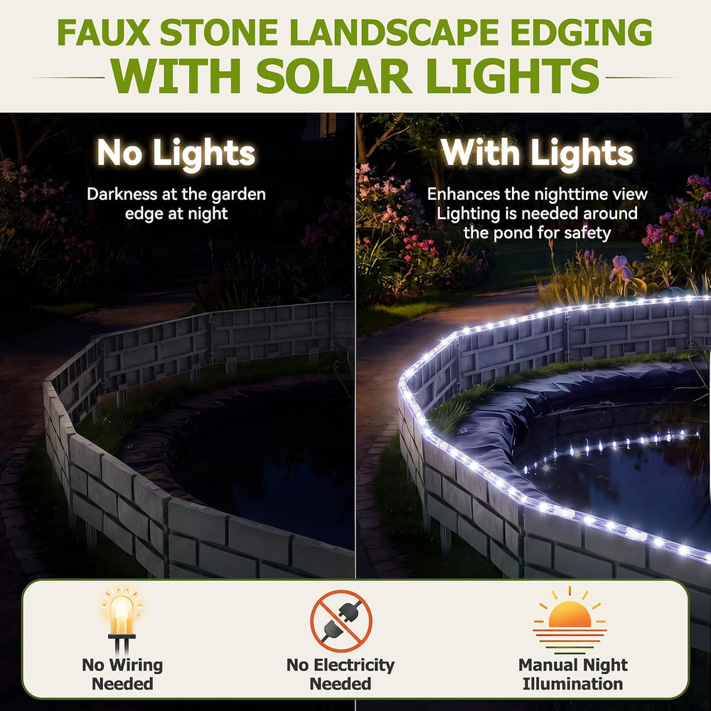 14.76 FT Imitation Stone Garden Fence, 1pc Solar Light String, 30pc Clips
