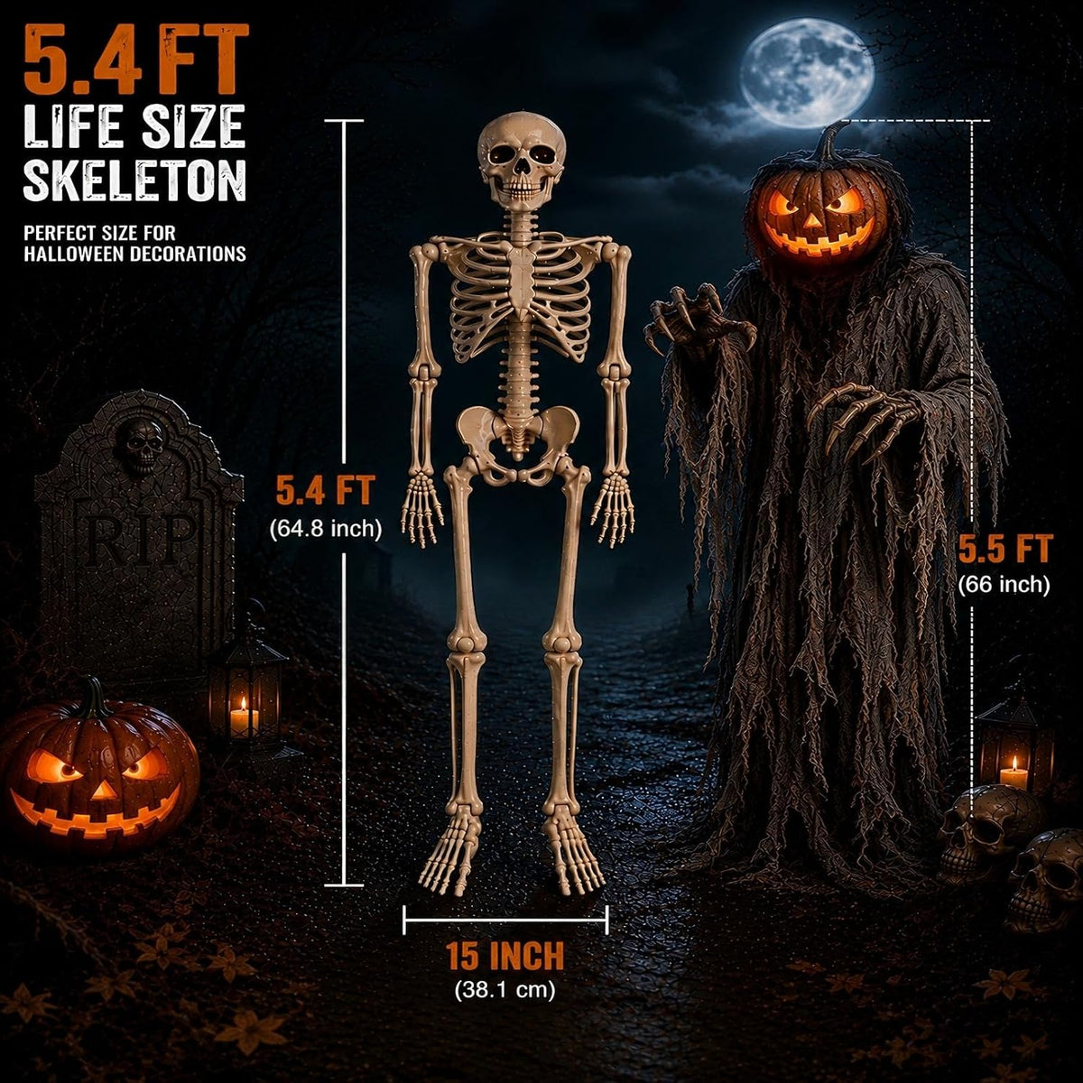 5.4FT Halloween Skeleton Decorations,Posable Human Skeleton Decorations for Halloween Party Decor, Haunted House Props Indoor Outdoor Decoration