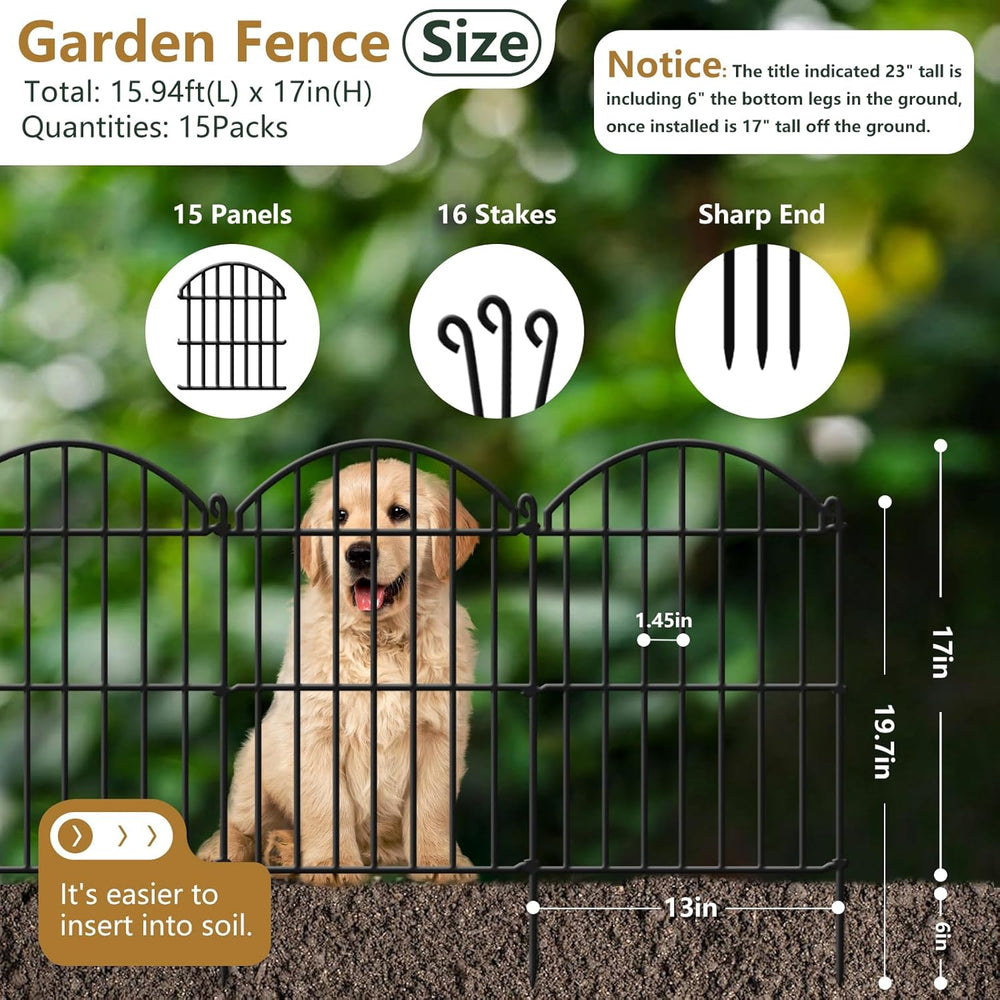 15 Panels Decorative Garden Fence, 15.94ft x 23in Animal Barrier Fencing Arch...