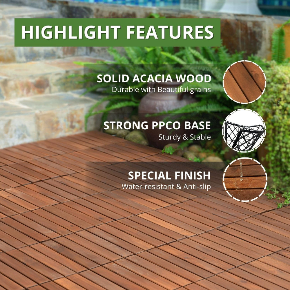 BEEFURNI Interlocking Acacia Wood Deck Tiles 12x12, 20PCS, Brown