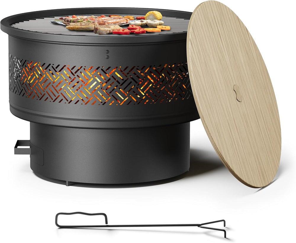 26 inch Fire Pit with Grill & Lid, Firepits for Outside Wood Burning Fire...
