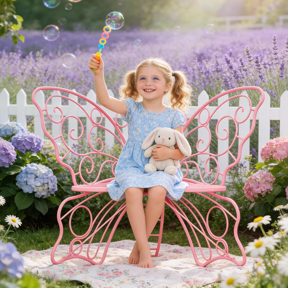 36 Inch Small Butterfly Bench, Cute Metal Outdoor Benches, Pink