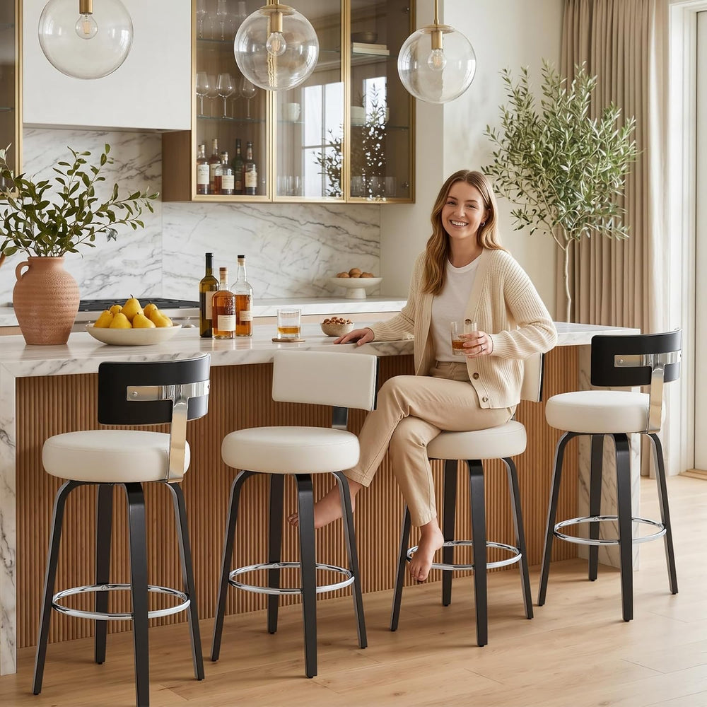 29" Bar Height Swivel Bar Stools Set of 2 with Back, White